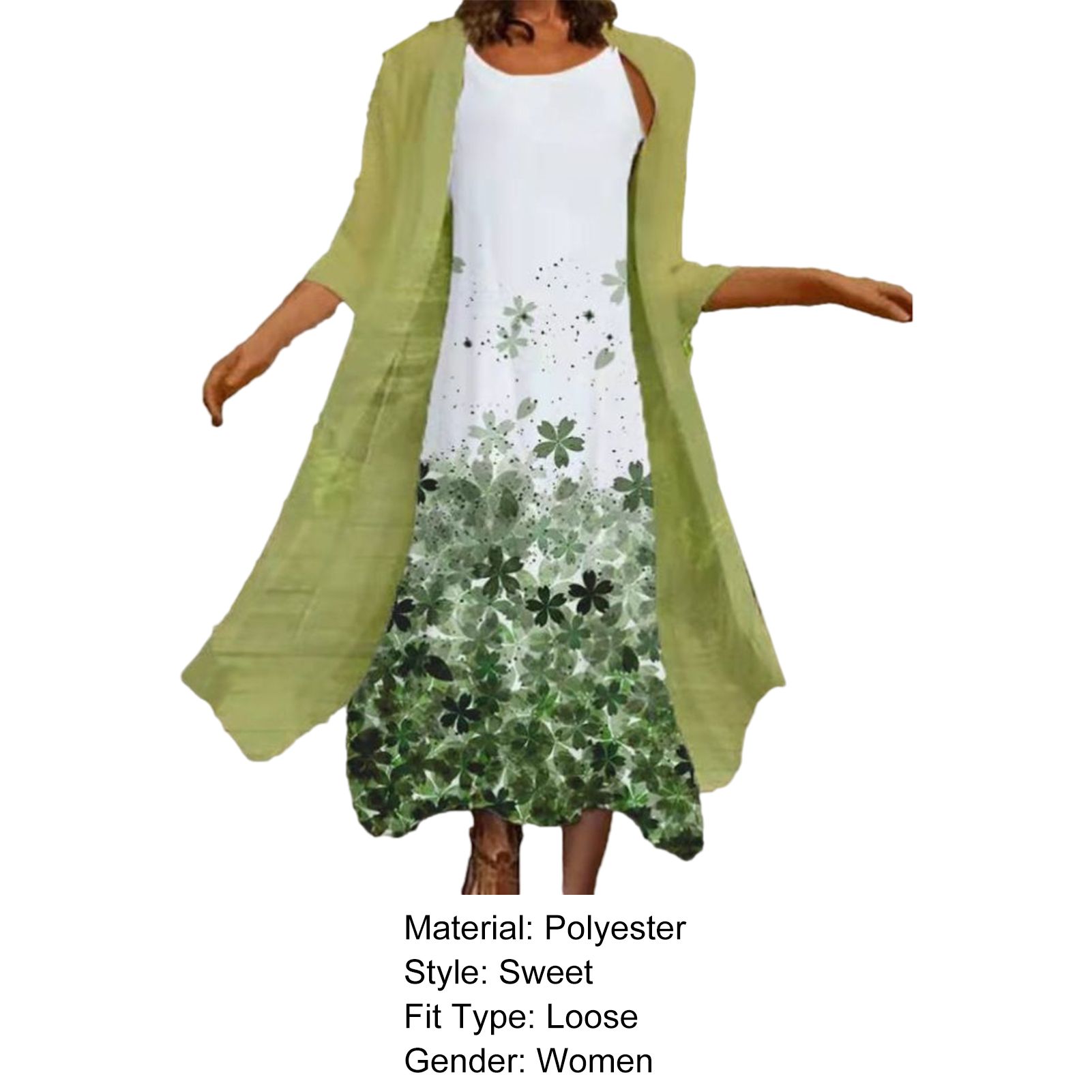 Amamia Women Coat Dress Set Solid Color Coat Floral Printing Summer Dress Set