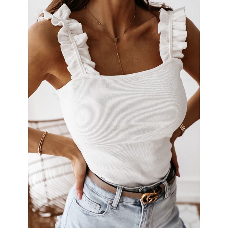 Backless Low Cut Ruffle Ruched Tank Tops Summer Women's Knit Slim Camis Vests Ladies Solid Camisole WDC4932
