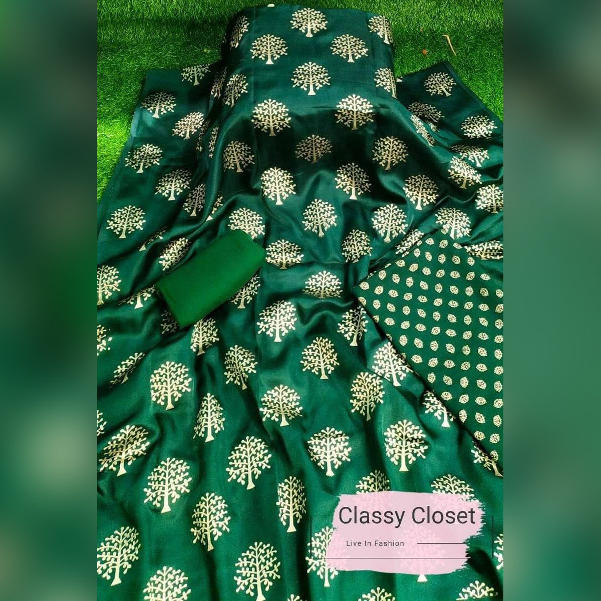 Green Color Soft Silk Katan Skin Print Three Piece [3 Piece] For Women