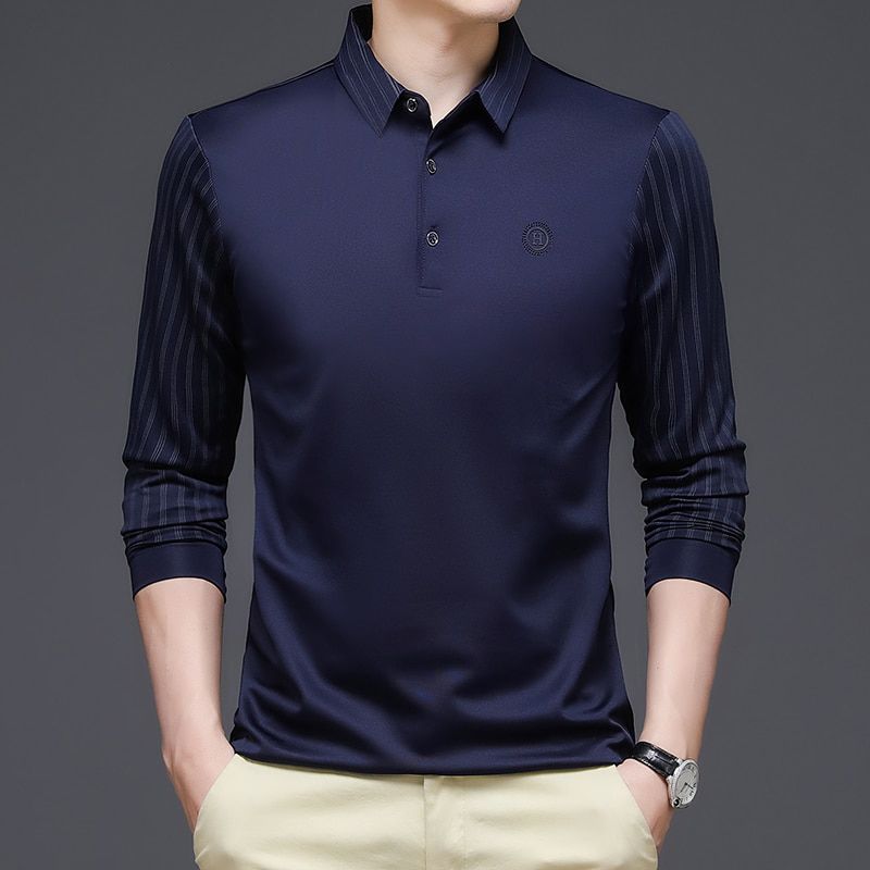 BROWON Spring and Autumn T Shirt Men Turn-down Collar Solid Color Striped Long Sleeve Design Men's T-shirt Casual Slim Long Tops