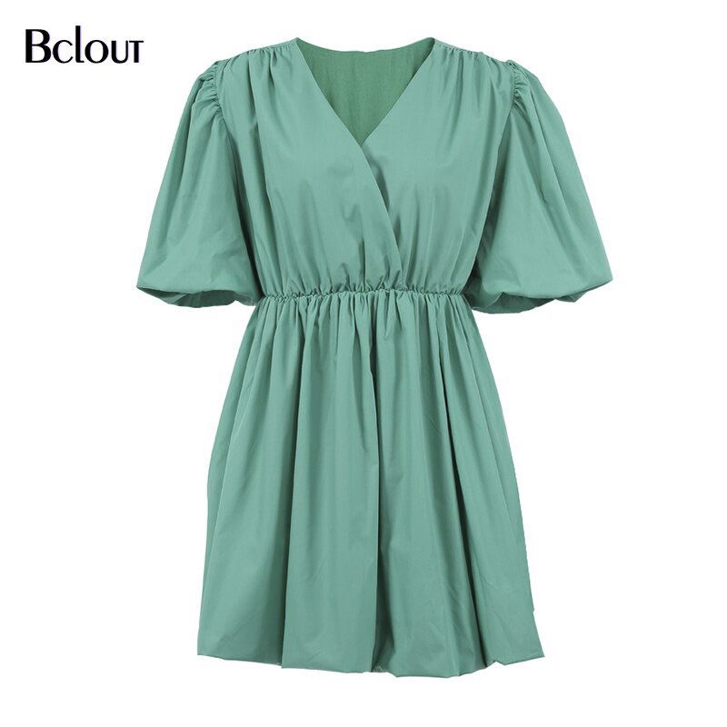 Bclout Elegant White Pink V Neck Bodycon Dress Women Summer Puff Sleeve Short Dress Casual A-Line Pleated Vestido Lady