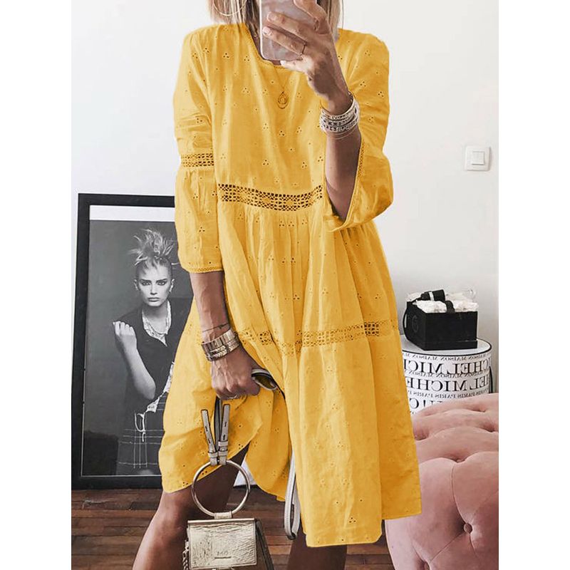 Broken Flower Hollow Loose Casual Party Dress New Style Ladies Elegant Embroidery Lace Dress White Female Stitching Dress Type