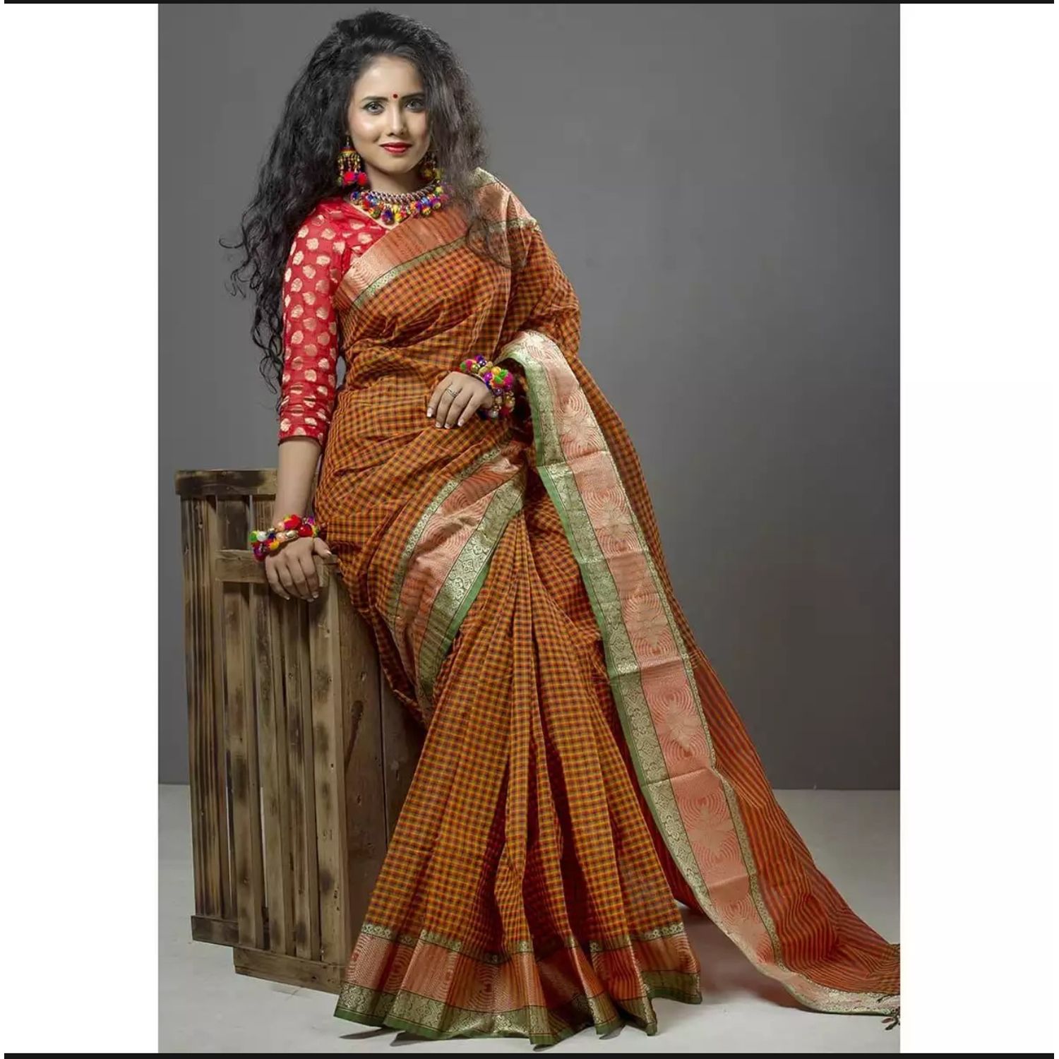 Multicolor  Cotton Saree With Blouse Piece  For Women (from Tangail)
