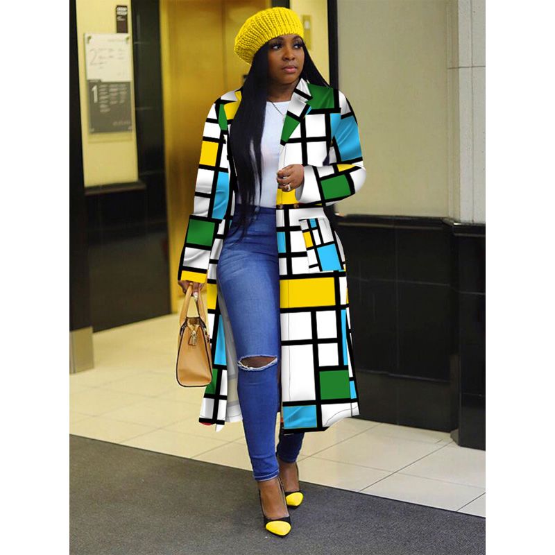 Women Fall Trench Coat Block Color Plaid Long Sleeves Autumn Casual Fashion Elegant with Pockets Outerwear Female Clothing