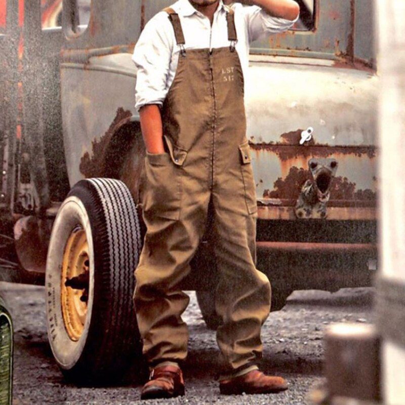 Spring New Fashion Bib Overalls Jumpsuits For Mens Vintage Big Pocket Cargo Pants Male Casual Loose Trousers Streetwear 3XL