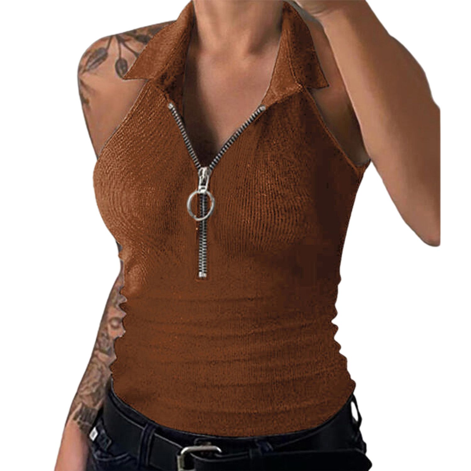 Lapel Top Skinny Sleeveless Zipper Neck Pullover Top