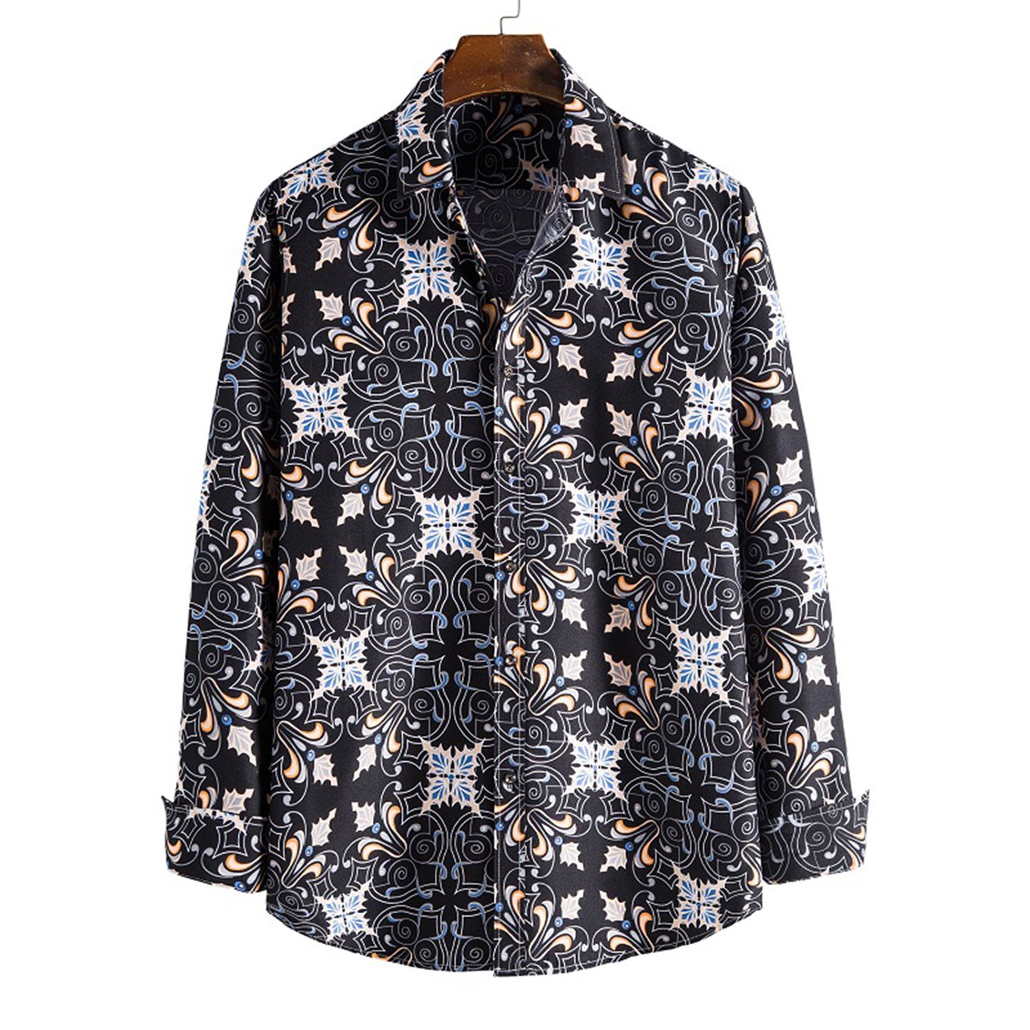 Summer Shirt Floral Print Long Sleeve Men Turndown Collar Buttons Shirt for Party