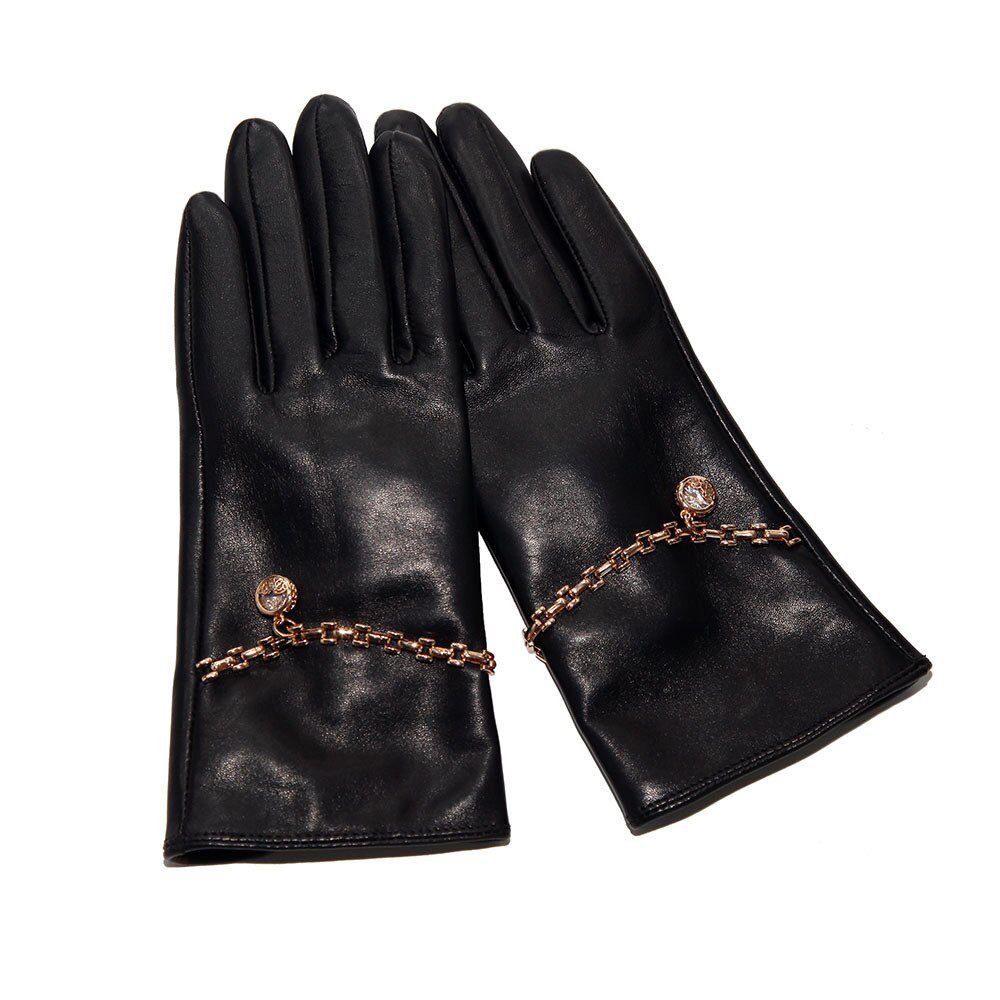 Latest Gloves Imported Sheepskin Leather Woman Gloves Chain Decoration Winter Thicken Plus Velvet Female Black DQ6115