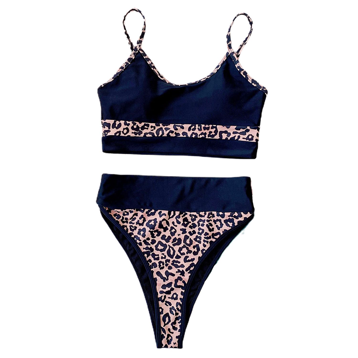 Summer Women Fashion Padded Color Block Bikini Briefs High Waist Swimsuit Set