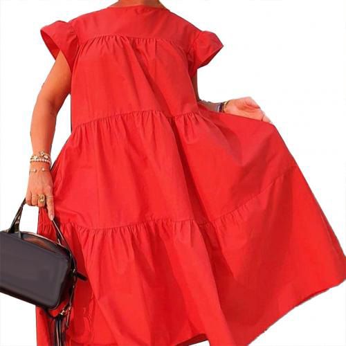 dresses for women Casual Solid Color O Neck Ruffled Short Sleeve Large Hem A Line Midi Dress summer clothes for women