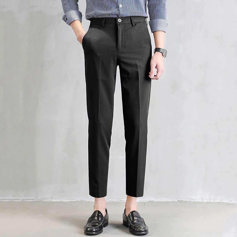 Men's Suit Pants 2021 New Fashion Slim-Fit Straight Trousers Business Casual Ninth Pants With Pockets Pure Black Grey Suit Pants