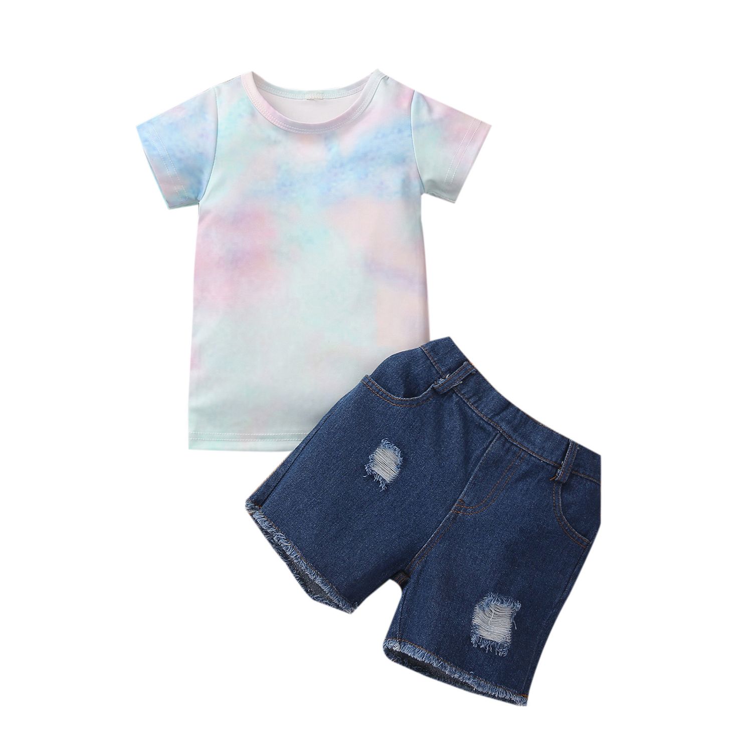 Toddler Girls Summer Clothes, Tie Dye Short Sleeve T-shirt Tops + Denim Ripped Holes Shorts Two Piece Casual Outfits Sets