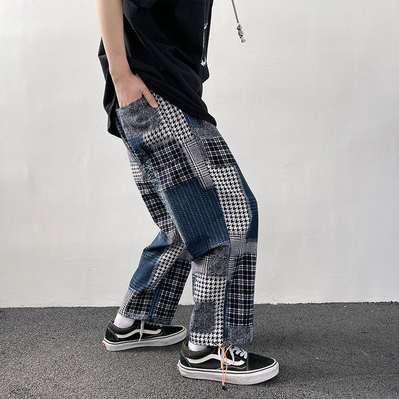 Korean Hop Plaid Pants Men's Autumn Fashion Drawstring Casual Pants Men Streetwear Loose Straight Men Retro Plaid Pants 5XL