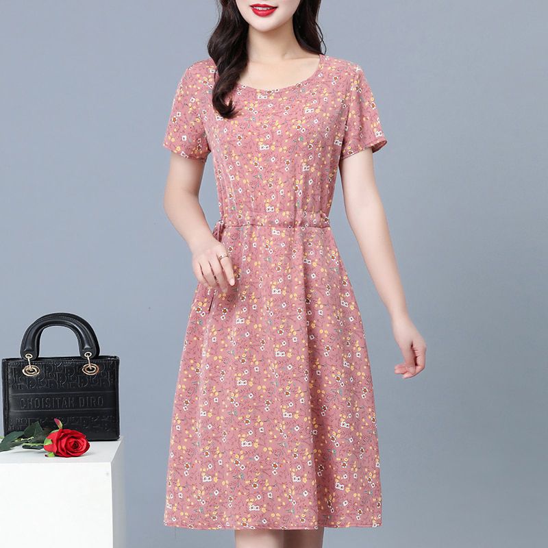 Elegant Women Dresses Ladies O-Neck Short Sleeved Loose Floral Printed Dress Female Vintage Party Robe Vestidos Plus Size