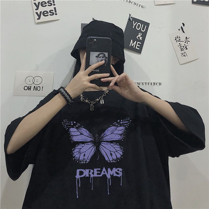 Summer Gothic Aesthetics Loose Ladies T-shirt Purple Butterfly Print Street Style Ladies Top T-shirt Harajuku Clothes Y2K