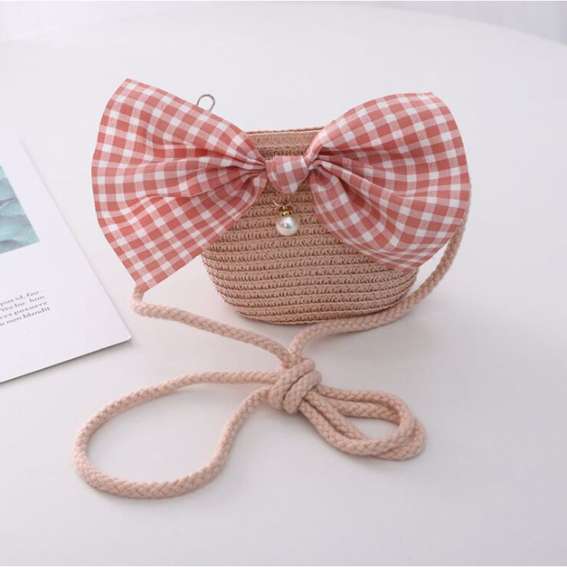 Child princess cute cartoon straw hat with handbags Bags 2pcs a set Holiday kids girl baby plaid panama sun hat