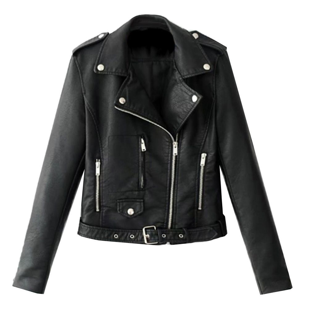 Lady Leather Long Sleeve Lapel Zipper Button Pocket Motorcycle Jacket Short Coat