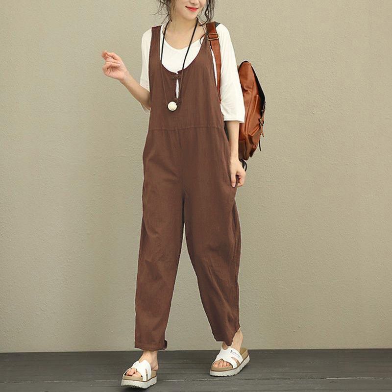 Yfashion Women  Bib  Pants Cotton Plus Size Loose Casual Pants Solid Color Bib rousers color