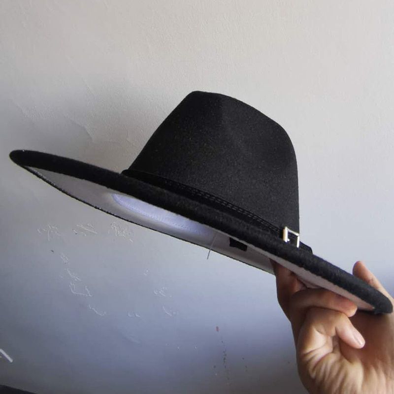 QBHAT Black White Patchwork Wool Felt Jazz Fedora Hats with Belt Buckle Vintage Fashion Men Women Wide Brim Panama Cowboy Cap
