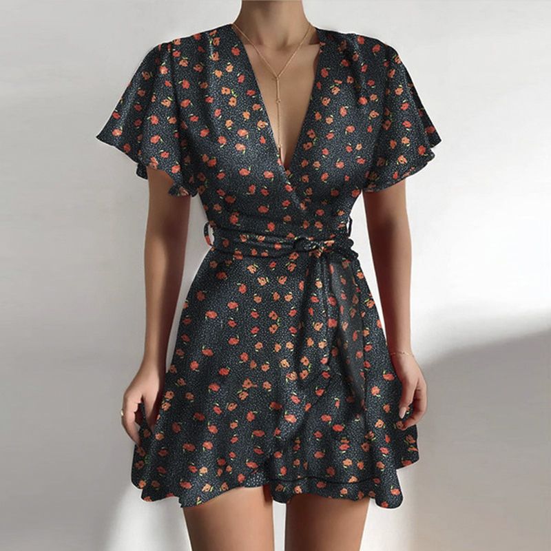Summer Women Dress Butterfly Sleeve Polka Dot Floral Print V Neck High Waist Sashes Dress Vintage Female Mini Red Vestidos