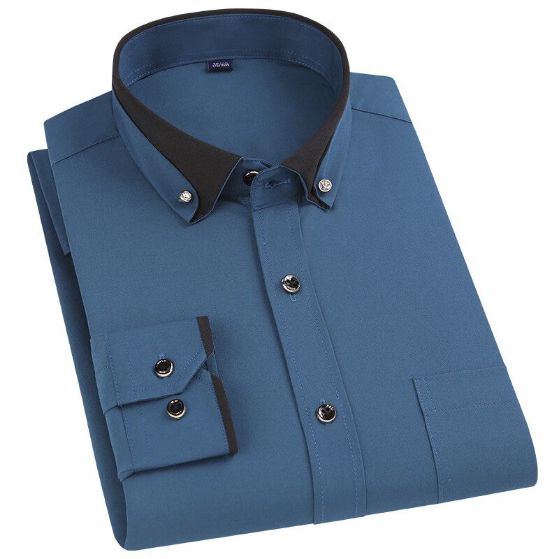 2021 New Men Shirt  Button Patchwork Collar Regular Fit Long Sleeve Soft Slightly Elasticity No-Iron Wedding Cloth DA516