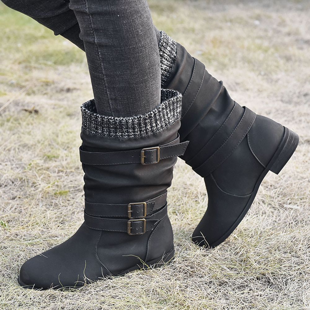 【ALLGOOD】Womens Leather Flats Round Toe Low-heeled Buckle Strap Western Middle Tube Boots
