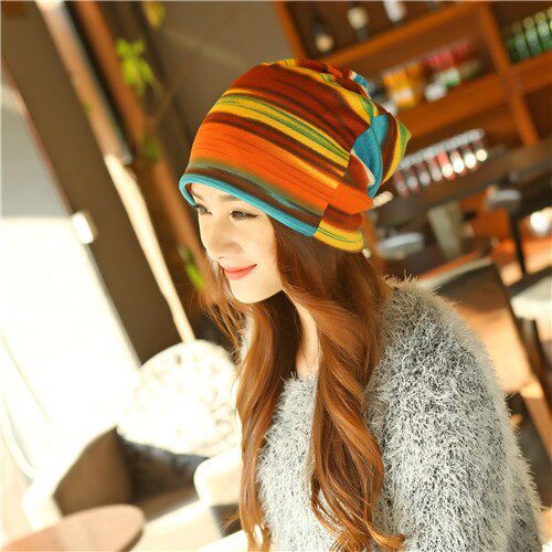 Fashion Women's Hat Autumn Winter Warm Headdress Caps Colorful Striped Scarf Sport Sunscreen Beanies Accessories