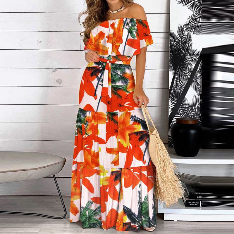 Elegant Floral Print Lady Maxi Party Dress Women Sexy Off Shoulder Ruffle Boho Beach Dress Summer Casual Short Sleeve Long Dress