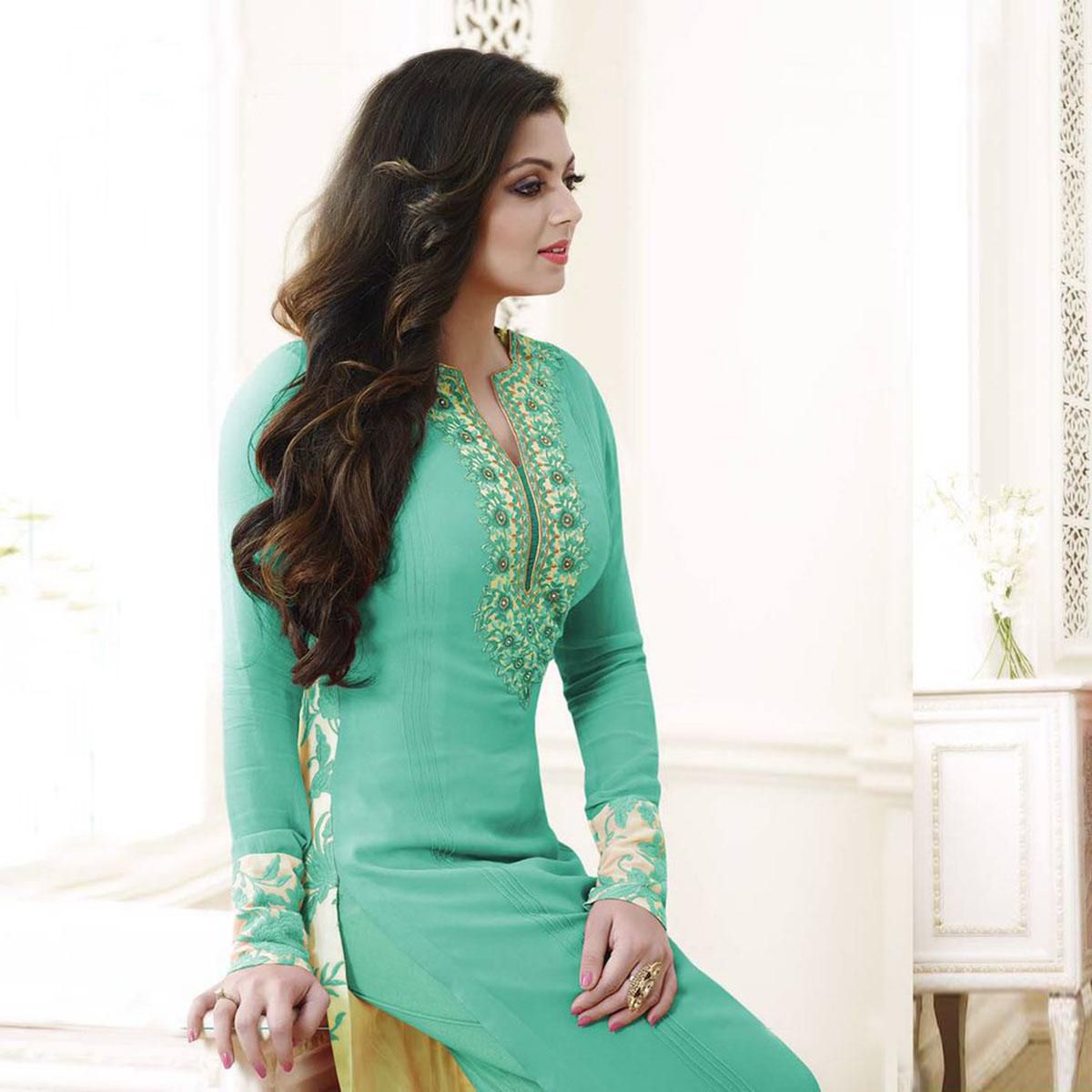 Unstitched Cyan Cotton Salwar Kameez For Women