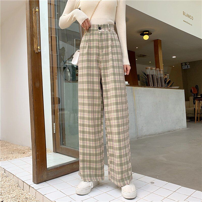 INS Cool Women Baggy Blue Pants Lady Oversized Wide Leg Plaid Slacks Harem Pants Student Autumn Purple Pink Long Flare Trousers