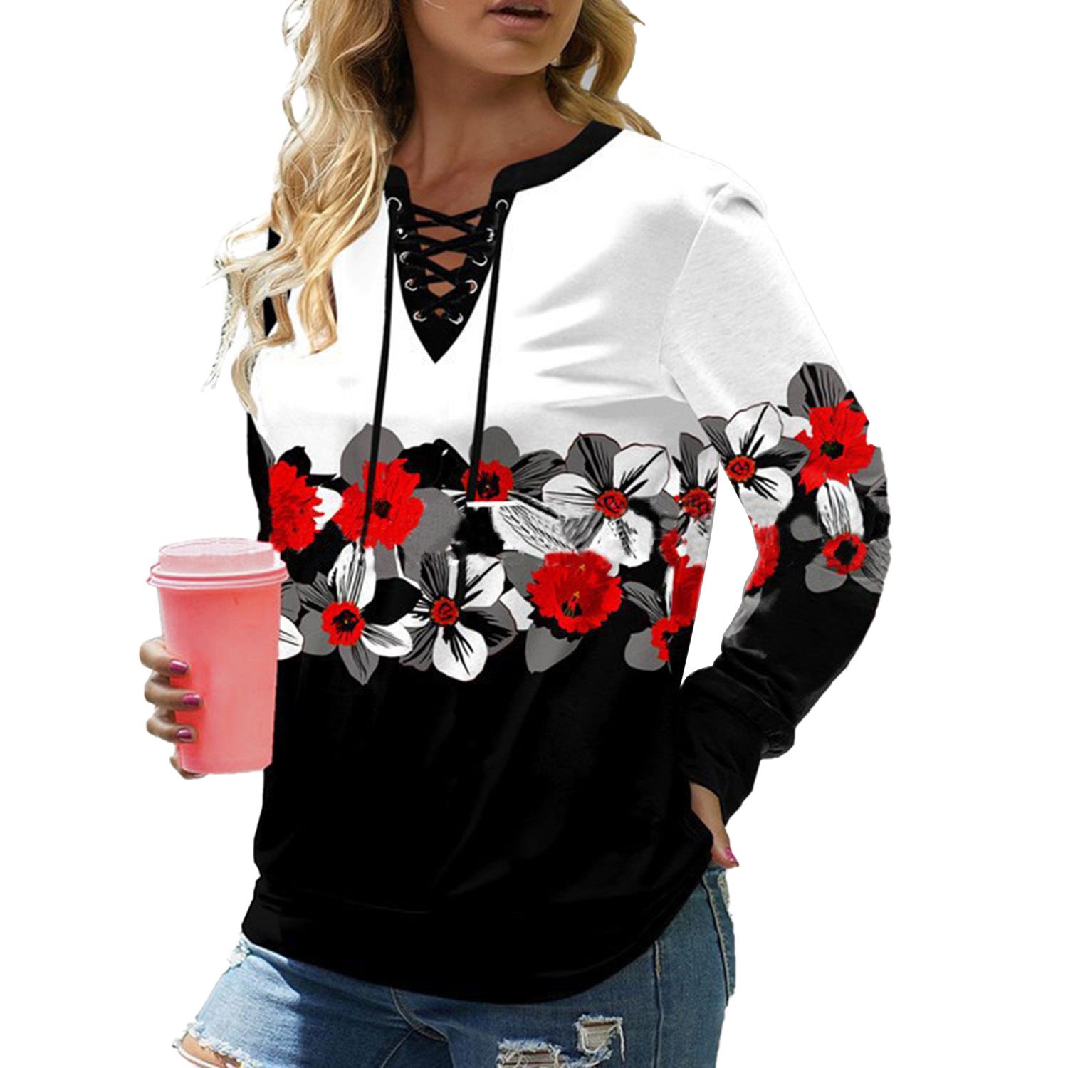 Loose Pullover Fashion Print Fashion Print Bandage Neckline Blouse