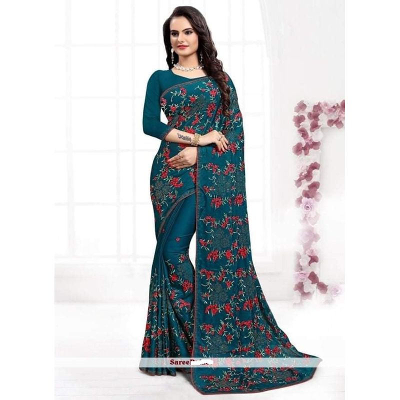 Indian Weightless Georgette Saree Green Color High Quality Embroidery Work On Blouse