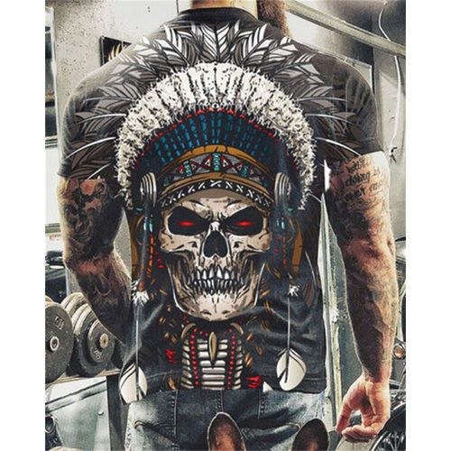 Summer Retro Trend Skull Printed T-Shirt Casual O-Neck Short Sleeve Tee Top Fashion Comfortable Loose ​Hop Pu​Men T-shirt