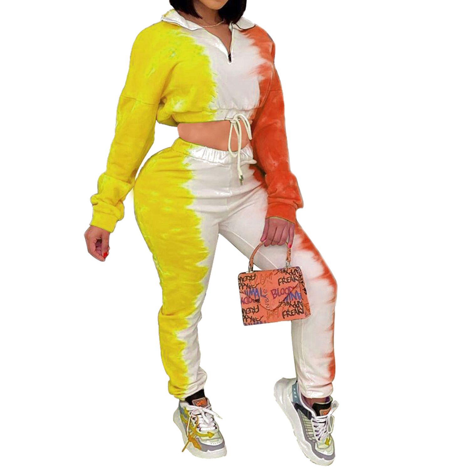 2020 Women 2 Pcs Tracksuit Sets, Tie Dye Color Gradient Clothes Suits, Zipper Lapel Long Sleeve Crop Tops