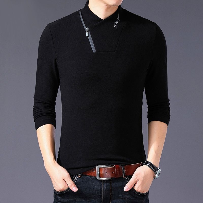 Brand 2022 Style Cotton Men's T-shirt Long Sleeve T Shirt Men Solid Color Zipper Print Collar Oversized T Shirt