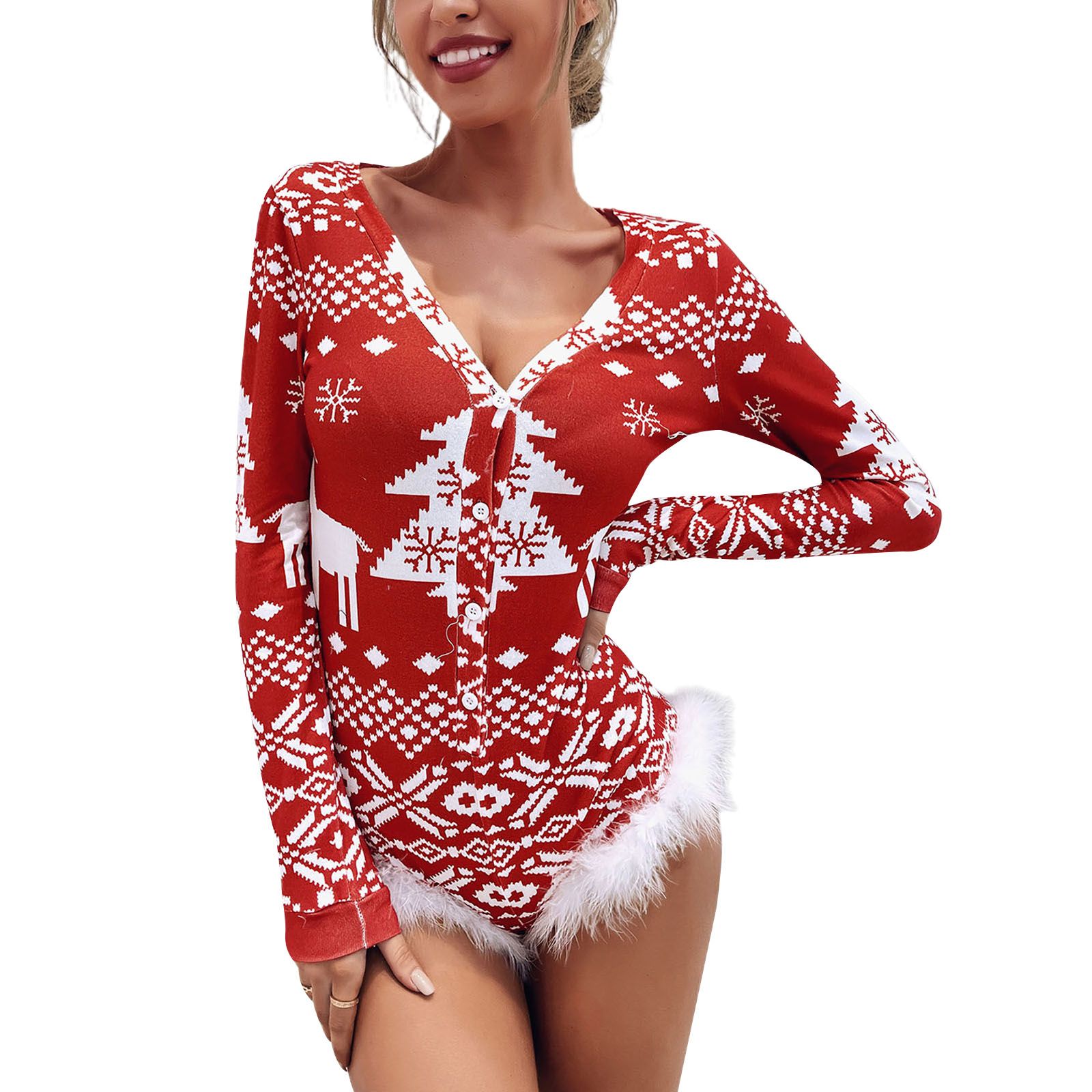 Female Bodysuit, Christmas Floral Print V-Neck Long Sleeve Romper with Buttons for Spring Fall, S/M/L/XL