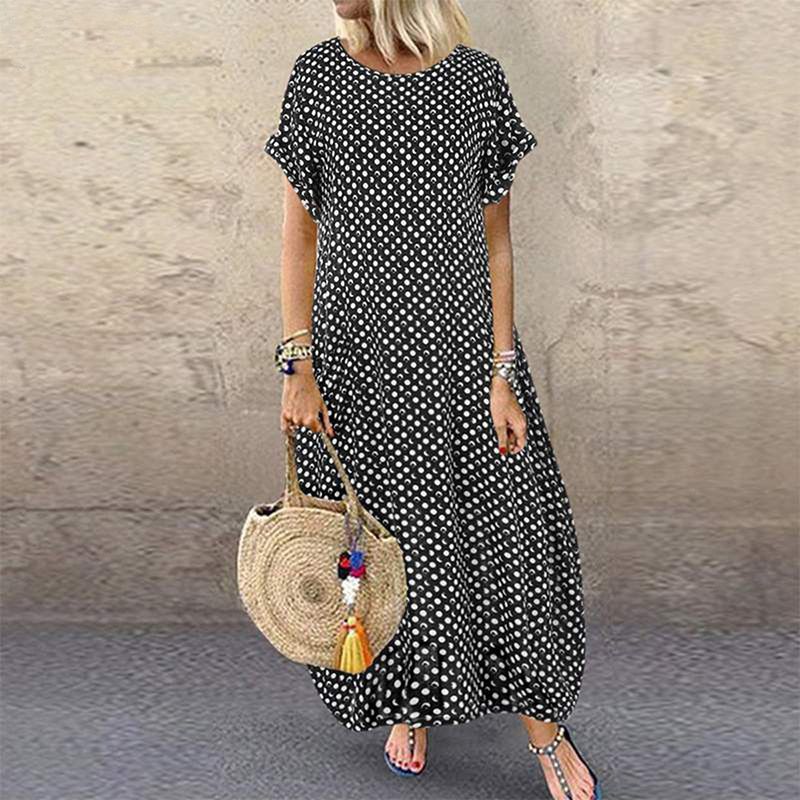 Summer Women Boho Short Sleeve O Neck Polka Dot Long Dress Casual Pockets Oversize Dress Beach Holiday Sundress Tunic