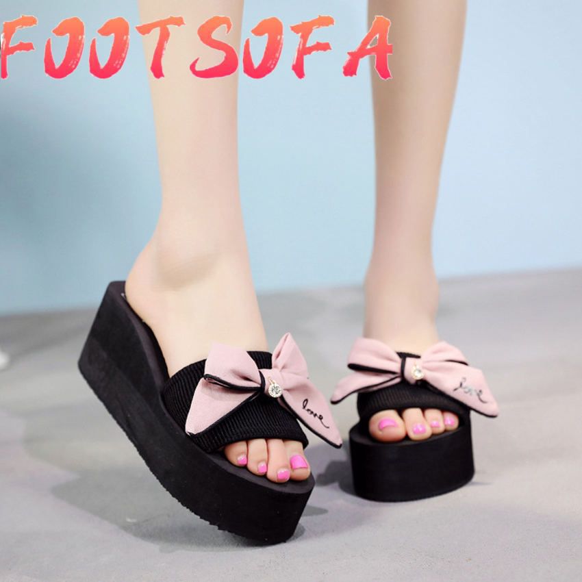 Summer Women Girls Bowknot Wedge Heel Non-slip Thick Heel Flip Flops Slides Outdoor Beach Casual Slippers Zapatillas Mujer#g3