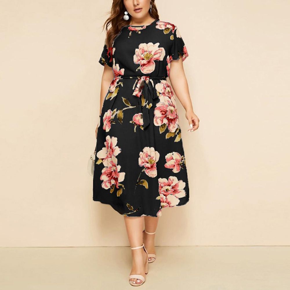 Women's Casual Plus Size O-Neck Short Sleeve Print Waist Strap Dress