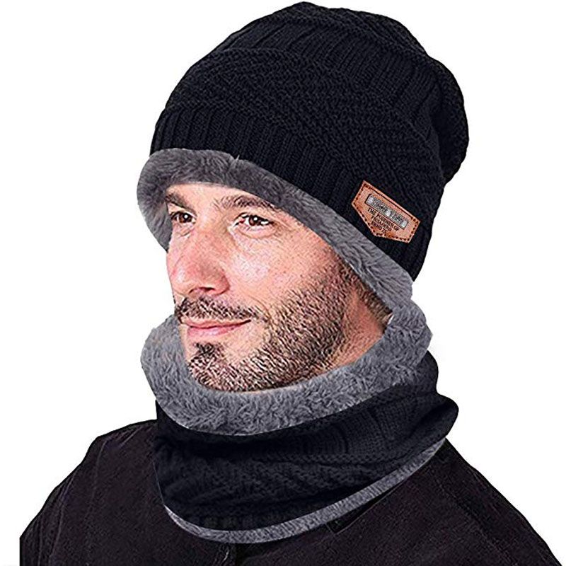 Winter Beanie Hat Scarf Set Warm Knit Hat Thick Fleece Lined Skull Cap for Men/Women