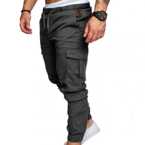 Men Casual Solid Colorckets Waist Drawstring Ankle Tied Skinny Cargo Pants