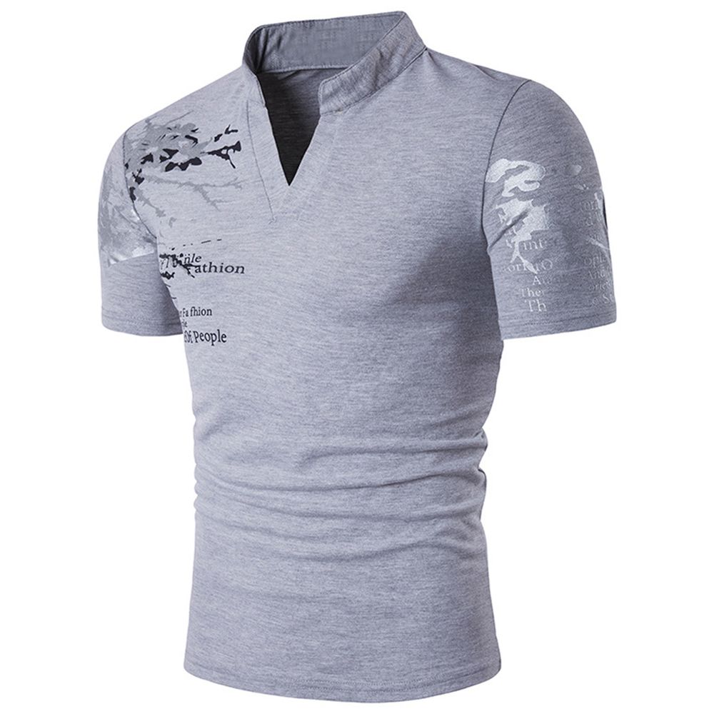 Men Summer Letter Print Stand Collar V Neck Short Sleeve T-Shirt Slim Fit Top