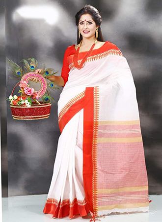 Boishakhi Special White & Red  color Cotton Exclusive Saree With Running Blouse Piece for Women (from Tangail)