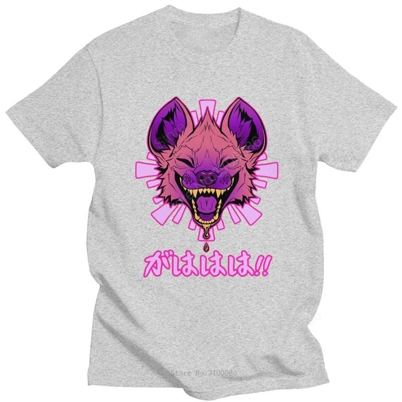 Kawaii Jnese Vaporwave Hyena T Shirt Men Short Sleeved Cotton T-shirt Harajuku Streetwear GAHAHA Furry Wildlife Safari Tee
