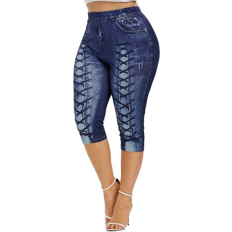 Plus Size Women Short Yoga Jeans Leggings se_xy Faux Denim Ladies Short Pants Summer Floral Printed High Waist Female Shorts