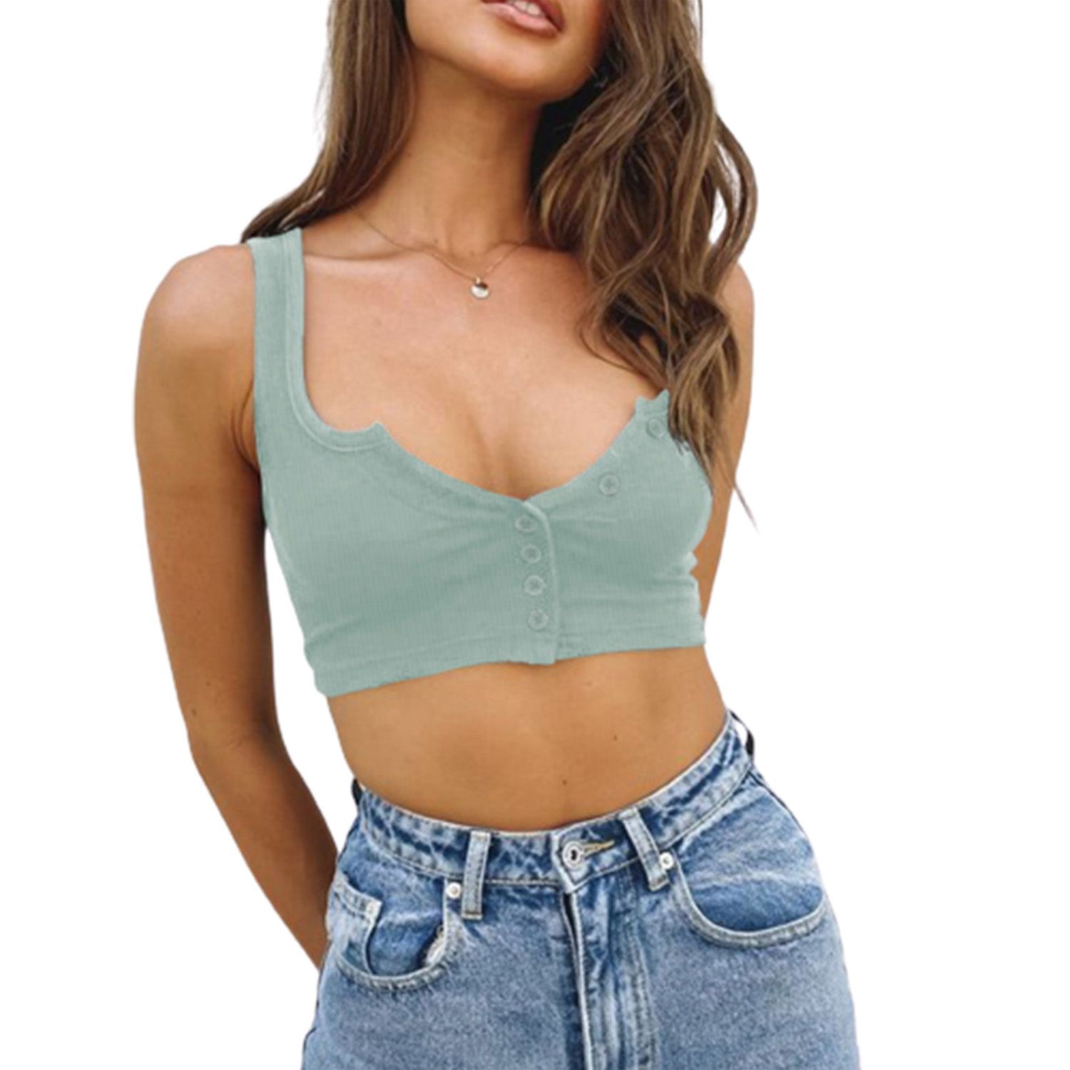 Women's Vest Ribbed Knitted Button Closure Sleeveless U-neck Design Cropped Length Solid Color Short Tops
