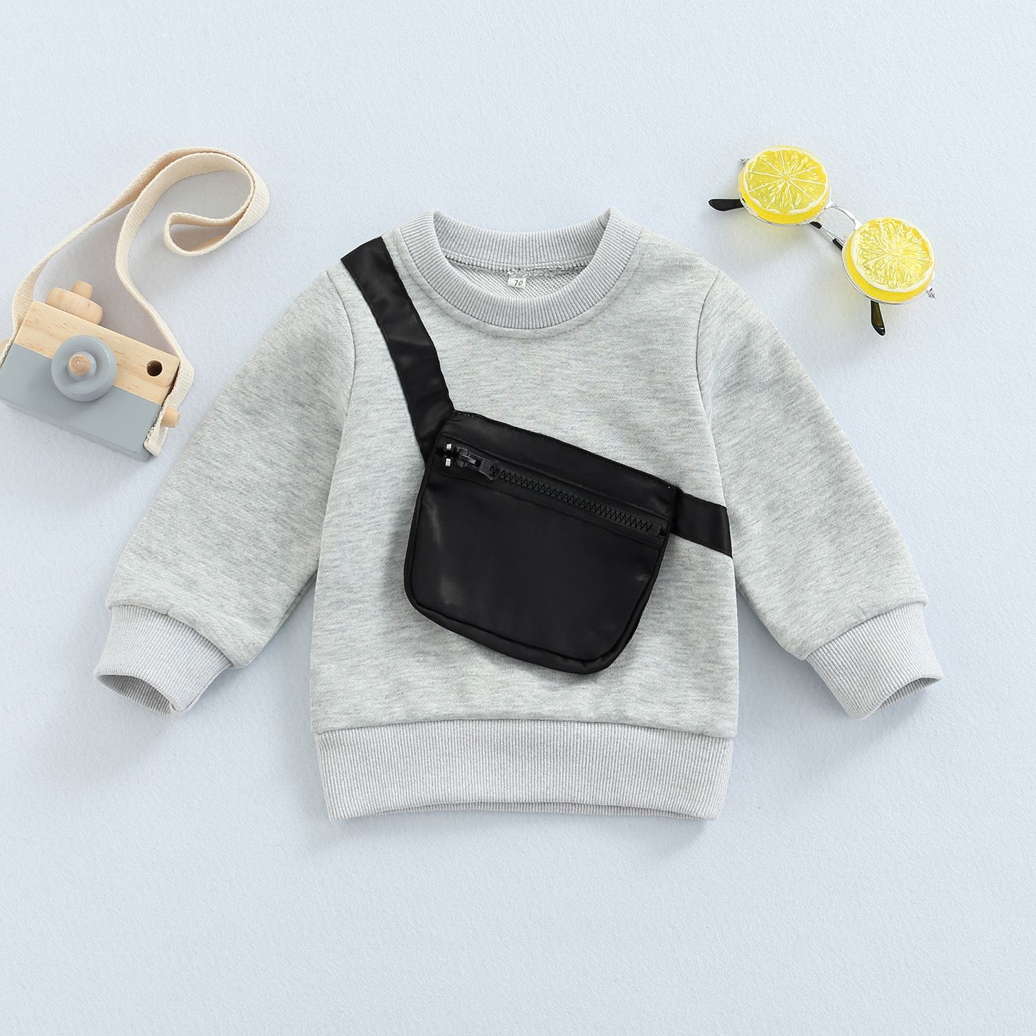 Boy's Long Sleeve Tops, Cross-Body Bag Printing Pullover, Crew Neck Loose Fit Tops