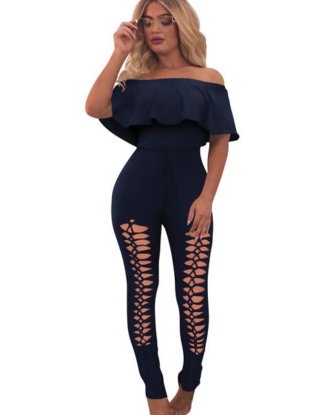 Women Sexy Off Shoulder Falbala Jumpsuits Short Sleeve Pullover Hollow Out Slim Waist Onesie Skinny Pants Bodysuit