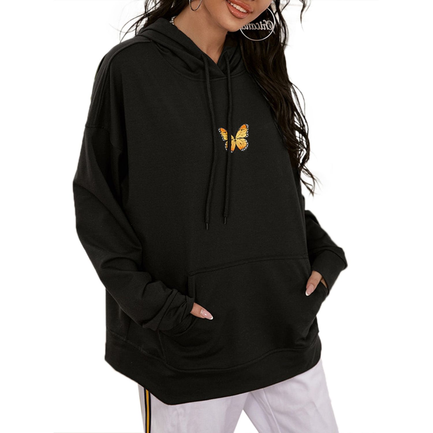 2020 Women Butterfly Embroidery Sweater, Long Sleeve Front Pocket Drawstring Hoodie Autumn and Winter Swe