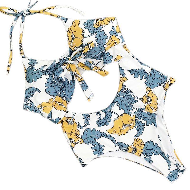Women's Sexy Floral One Piece Bikini Swimwear Ruffled Sleeve Backless Plunging Padded Stretchy Bikini Beachwear Monokini for Swimming Sunbathing